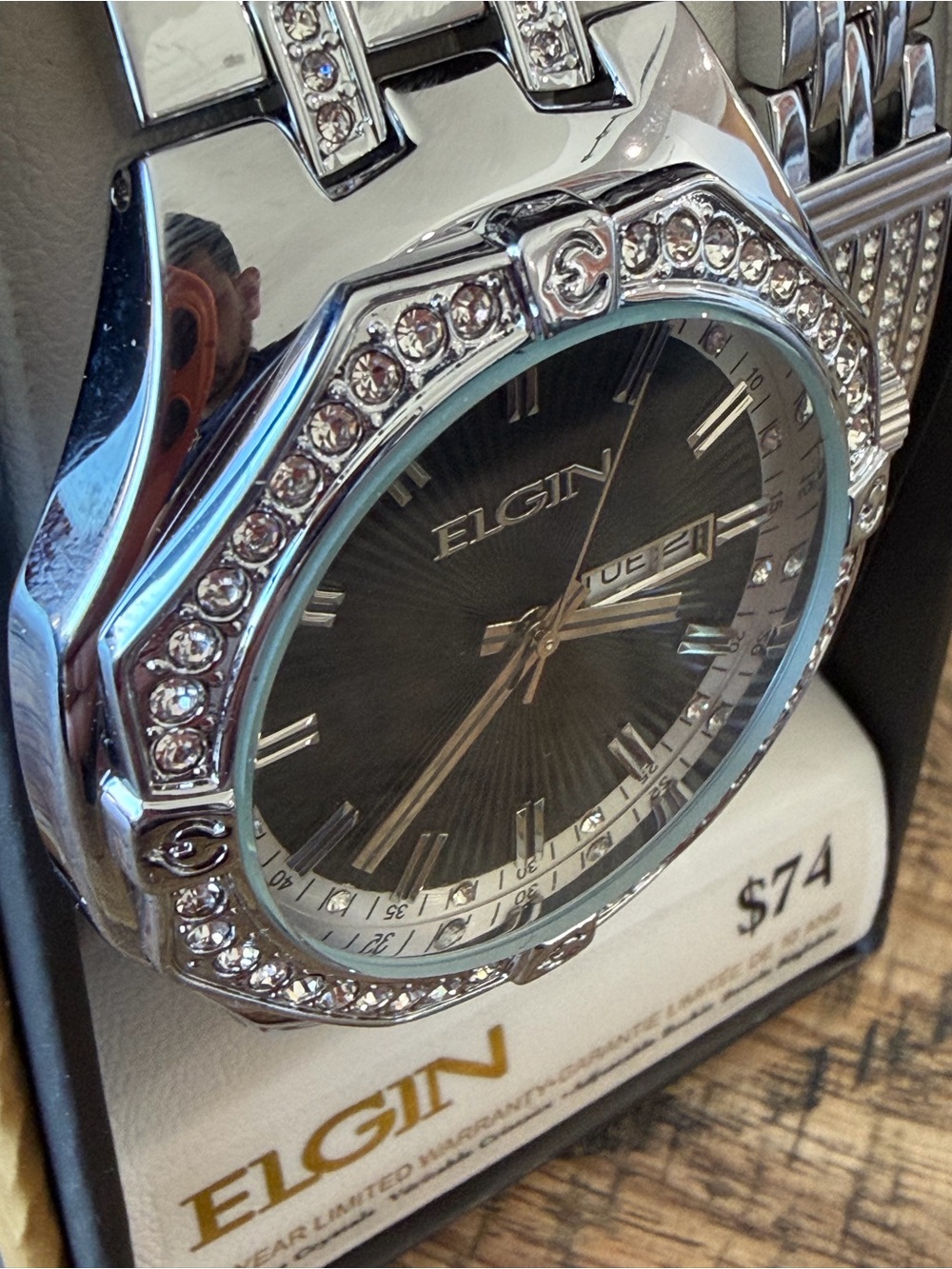 New! Elgin Crystal Bezel Men’s Watch 44mm + Matching Bracelet - NEW IN BOX! - Picture 4 of 7